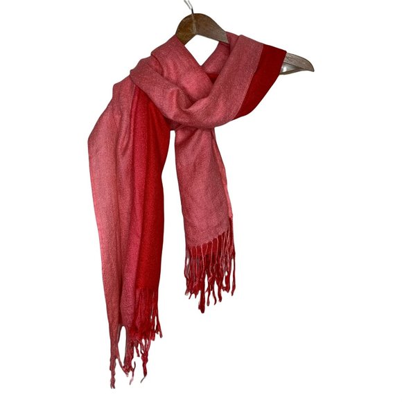 Accessories - Red Pink Ombre Fringe Wide Woven Wrap Scarf Casual Lightweight Spring 70" x 28"